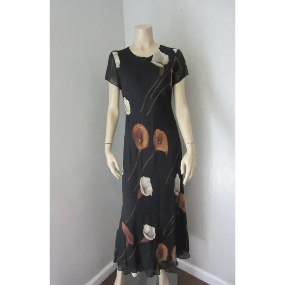 BENJAMIN A. Black Floral Petite 10 Maxi Sheer Overlay Short Sleeve Dress BR16 - Picture 1 of 6